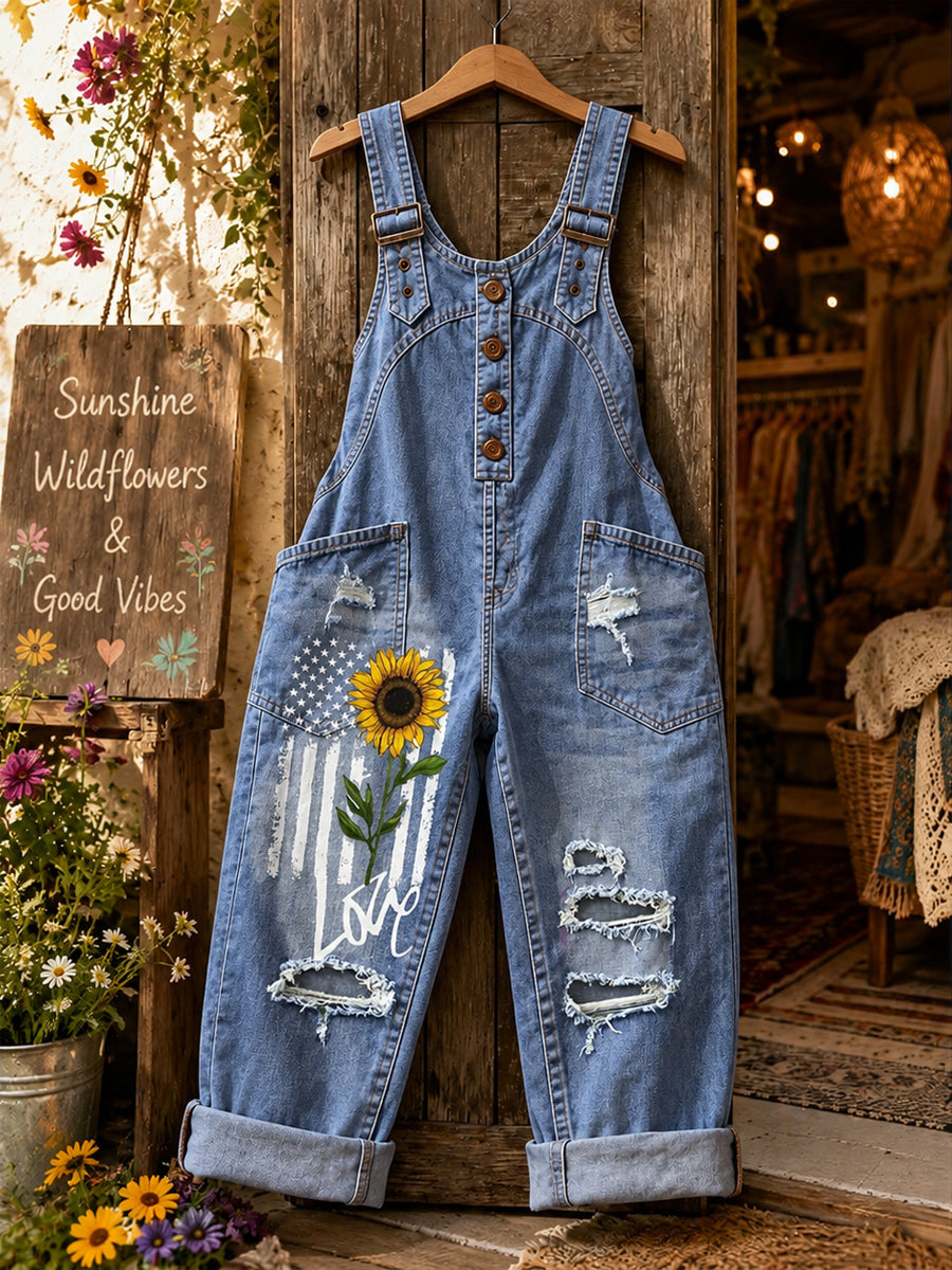 Women's Retro Style Art Print Washed Cotton Denim Patchwork Jumpsuit